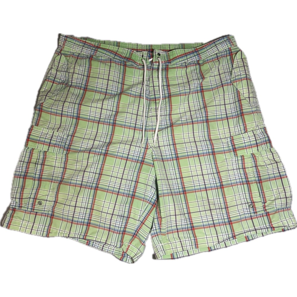 Polo Ralph Lauren Mens Green Plaid Cargo Swim Trunks Shorts Size 42 Mesh Lined